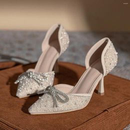 Dress Shoes Rhinestone Bow Pointed Thin Heel High Heels Spring/Summer Hollow Wedding Bridesmaid Shallow Mouth