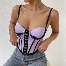 Women's Tanks Camisole Front Buckle Summer Women Spaghetti Strap V Neck Top Purple Lace Patchwork Streetwear Ladies Slim Casual Y2K Crop