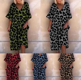 Dress Autumn Frilled Half Sleeve Leopard Print Dress Women Sexy Vneck Midi Party Dresses Casual Loose Plus Size Ladies Dress S3XL