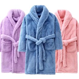 Winter Thicken Bathrobes for Kids Girls Flannel Warm Nightgown Teens Boys Bathing Robe Solid Colour Night Robe Baby Dressing Gown 240111