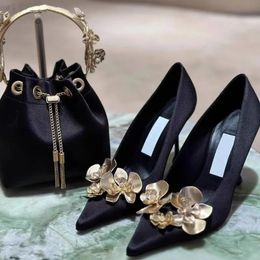 JC Jimmynessity Choo Toe Heels High-quality High Luxury Pointed Female Single Shoe Fashion Gold Flower Decoration