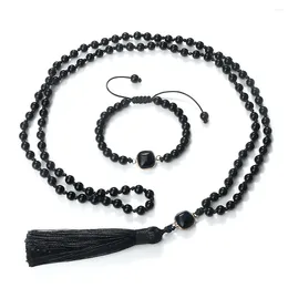 Necklace Earrings Set Shiny Black Onyx 108 Mala Beaded Men Women Rosary Meditation Stone Bracelet Japamala Tassel Long Necklaces Jewellery