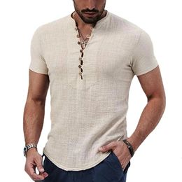 2023 Men's Short Sleeve Tshirt V neck button Cotton Linen Shirt Casual Clothes Tops for Men 240111