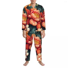 Men's Sleepwear Floral Print Pajama Sets Autumn Vibrant Flower Lovely Night Man 2 Pieces Oversize Custom Home Suit Birthday Present