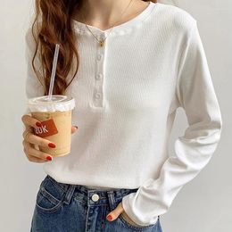 Women's T Shirts White T-shirts Female Button V Neck Cotton Tee Shirt Korean Style Clothes Long Sleeve Top All-match Women Poleras Mujer