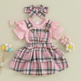 Clothing Sets 0-24M Baby Girls Summer Rib Knit Outfits Solid Colour Short Sleeve Rompers Plaid Suspender Skirts Headband 3Pcs Clothes Set