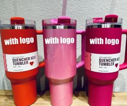 Cosmo Pink Parade 40oz Quencher Tumblers Flamingo Target Red Stainless Steel Valentines Day Gift Cups with Silicone handle Lid And Straw Car mugs With 1:1 Logo 0111