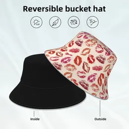 Berets Lips Print Reflective Bucket Hat Red Marks Reversible Streetwear Fisherman Hats Classic Printed Sun