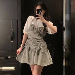 Party Dresses Summer Women Korean Preppy Puff Sleeve A-line Dress Chic Girls Patchwork Fashion Holiday Empire Womens Sundress