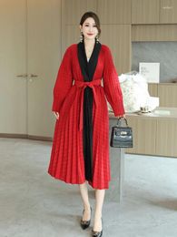 Women's Jackets Miyake Pleated Elegant And Chic Contrasting Color Patchwork Long Coat Women V-neck Long-sleeved Slim Lace-up Cape