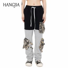 Pants Black White Patchwork Cargo Sweatpant Streetwear Fashionable Camouflage Pockets Micro Flared Pants Men Women Hip Hop Sweatpants