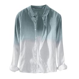 Men Summer Shirt Long Sleeve Hawaiian Blouse Cool Thin Breathable Lapel Collar Hanging Dyed Gradient Cotton 240111
