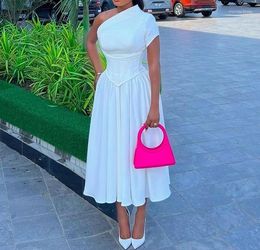 Casual Dresses Fashion Women's Formal Dress Elegant Asymmetrical Shoulder Diagonal Collar Short Sleeved Waist Cinching Tied Mid Length