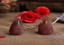 Fashion Women Natural Strawberry Quartz Perfume Bottles pendant JewelryCrystal Essential Oil Gold Silvery Chains Necklace Gift2324457