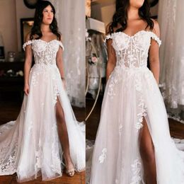 Fulllace Wedding Dress Bride A-Line Off Shoulder Illusion Beaded Sequined Lace Tiered Tulle Sexy High Split Bridal Gowns for Marriage D109