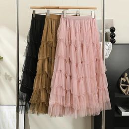 SURMIITRO Women Tulle Maxi Skirt Korean Fashion Beading A Line High Waist Pleated Tiered Tutu Mesh Long Female 240110