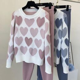 Women's Two Piece Pants Fashion Women Sweater Sets 2024 Casual Chic Sweet Beaded Heartshape Knit Pullovers Top Harem Tracksuits Suit