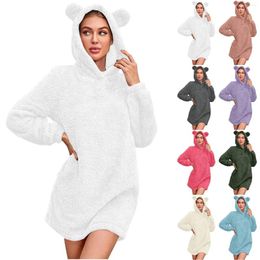 Women's Sleepwear Pyjamas Dresses For Women Plush Hooded Casual Winter Warm Long Sleeve Fuzzy Fleece Cute Bear Ear Nightgown