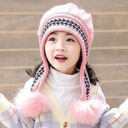 Berets Fashion Spring Fall Winter Warm Cute Children Woollen Knitted Fur Ball Hat Girls Boys Outdoor Ear Protection Cap Scarf Party Gift