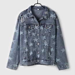 Women's Jackets Tops Jacket Denim Coat Autumn Long Sleeve Lapel Star Print Button Coats Drop Shoulder Pocket Ripped Hem