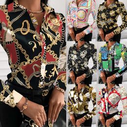 Designer Blouses For Women Fashion Spring Fall Long Sleeve Printed Lapel Shirt Chain Print Luxury Tops For Female Plus Size S-XX;