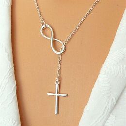 Whole-N606 Personality Infinity Cross Lariat Pendant Necklaces Silver Plated European Collares Necklace Forever Faith Necklace216U