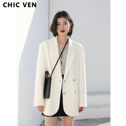 CHIC VEN Fashion Women's Blazer Office Lady Long Sleeve Double-breasted Mid-length Casual Coat Ladies Outerwear Stylish Top 240110