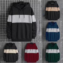 Men's Hoodies Mens Autumn Winter Patchwork Contrasting Hooded Drawstring Thin Velvet Long Sleeved Casual Loose Sports Sweater Tops