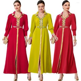 Ethnic Clothing Ramadan Eid Party Dress Diamonds Women Abaya Lapel Moroccan Dresses Kaftan Dubai Long Sleeve Evening Turkey Abayas Jalabiya