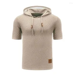 Men's Sweaters 8 Colors!2024 Knitted Sweater Short Sleeved Breathable Hooded Solid Colour Waffle T-shirt Top