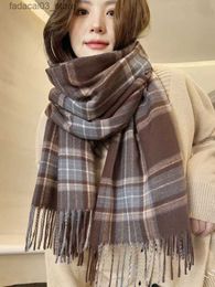 Scarves New Imitation Cashmere Women Ladies Scarf Winter Preppy Style Plaid Tassel Scarve Pashmina Mujer Foulard Bufanda Long Wrap Shawl Q240111