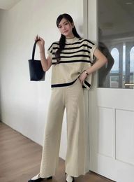 Women's Sleepwear 2024 Spring Women Sweater Set Casual Pullovers Home Suits Winter Knitted Loose Striped Sleeveless Elegance Tops Wide Leg