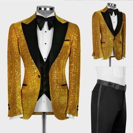 Gold Sequined Mens Pants Suits Slim Fit Peaked Lapel Groom Blazer Party Birthday Wear Wedding Tuxedos