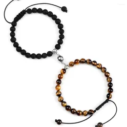 Strand 2pcs/set Natural Tiger Eye Stone Charm Couples Distance Handmade Adjustable Magnet Bracelets Lover Jewelry Gift