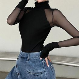 Women's Shapers Tops For Women Mesh Long Sleeved Jumpsuit Half Turtleneck Sexy Transparent Top Shapewear Zipper Sweat Shirt