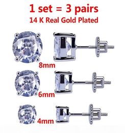 3 Pairs Set 48 mm 14K Gold Plated CZ Square Iced Out Stud Earrings With Safety Screw Back For men and Women7696433
