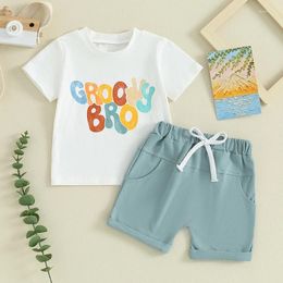 Clothing Sets Summer Toddler Baby Boy 2pcs Clothes Suit Casual Short Sleeve Letter Gesture Print T-shirts Rolled Cuff Shorts Tracksuits Set