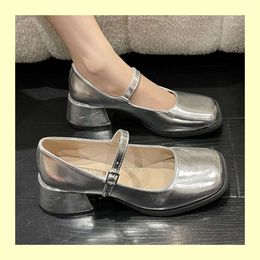 Dress Shoes Silver Thick Heels Mary Jane Women 2024 Buckle Strap Square Toe Pumps Woman Med Heele Patent Leather Female