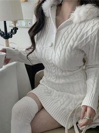Casual Dresses 2024 Winter Elegant Solid Knitted Warm Dress Women Slim Hoodie Mini Female Korean Fashion Knitting Sweater