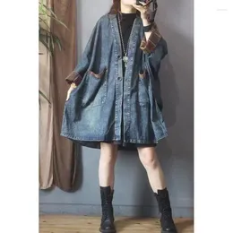 Women's Jackets SuperAen 2024 Autumn Clothes Coat Retro V-neck Midi Pocket Denim Jacket Loose Women