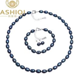 Sets ASHIQI Genuine Natural Black Freshwater Pearl Jewellery sets, Necklace Bracelet Earrings, 925 Sterling silver earrings