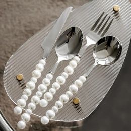 Dinnerware Sets Spoon Cutlery Silver Color Fork Easy To Clean Dining Practical Stainless Steel Faux Pearl