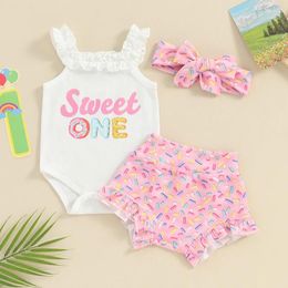 Clothing Sets Born Baby Girl 1st Birthday Outfit Sleeveless Sweet One Romper Doughnut Shorts Headband 3Pcs Set