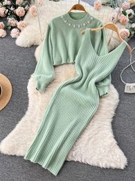 SINGREINY Winter Women Knitted Sets Fashion Breading Long Sleeve Pearl SweaterKnitted Camis Dress Sweater Suits 240111