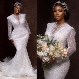 Luxury Wedding Dress for Bride African Arabic Plus Size Bridal Dress Mermaid Long Sleeves Sheer Neck Shining Countries Beach Chapel Gowns for Brides Marriage NW002