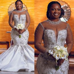Bröllopsklänning brud sjöjungfru ren nacke långa ärmar satin pärlor rehinestones brudklänningar för afrikanska arabiska nigeria svarta kvinnor flickor äktenskap d108