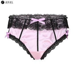 Mens Frilly Satin Lace Bikini Briefs French Maid Sissy Crossdress Panties Silky Thongs Knickers Lingerie Underwear 240110