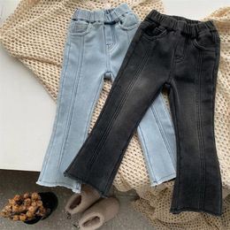 Trousers Girl's Thickened Jeans Early Spring Einter Korean Fashion Sewing Line Elastic Waistband Casual Leggings Trend Boot Cut Pants