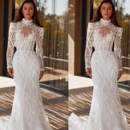 Vintage Mermaid Wedding Dresses High Collar Lace Appliques Bridal Gowns Illusion Long Sleeves Bride Dresses Custom Made