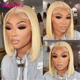 Glueless Blonde Straight Bob Wig #613 Cut 13X4 HD Transparent Lace Frontal Short Wigs Human Hair Wear Indian Front 240110